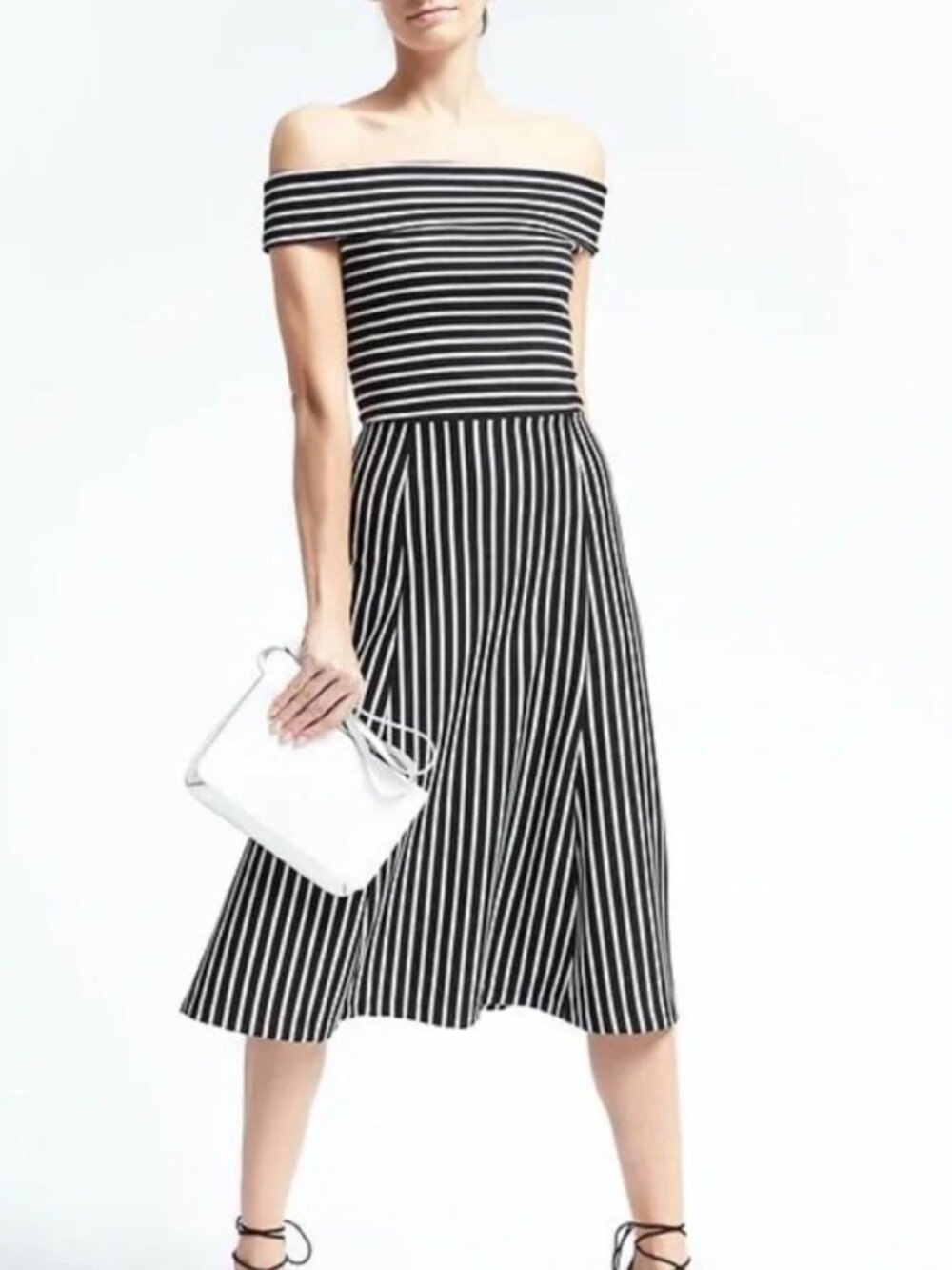 Banana Republic | Navy & White Striped Off Shoulder Midi Dress Size 2